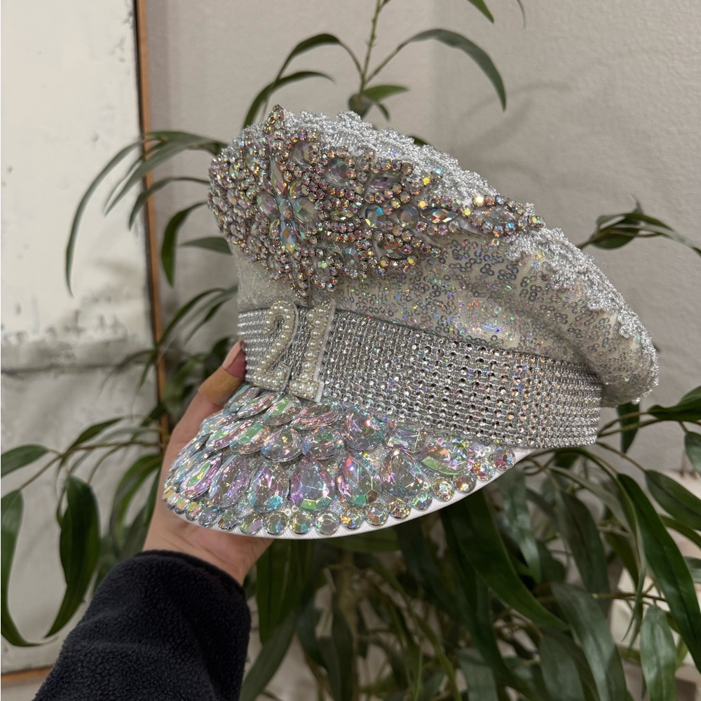 21st birthday festival sequin burning man glamour Silver Embellished‎ hat - Picture 2 of 8